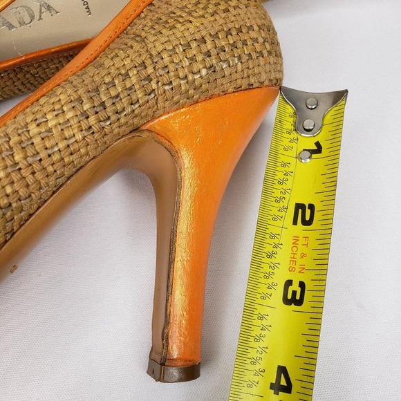 PRADA Woven Color Block Orange Croc Cap Toe Green Leather Trim Pumps Size 37 EU - Picture 14 of 15